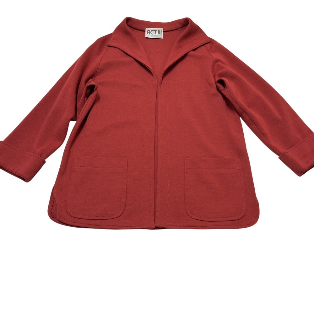 Vintage Act III Blazer Womens 14 Red Wool Blend Open Front Knit Office Career